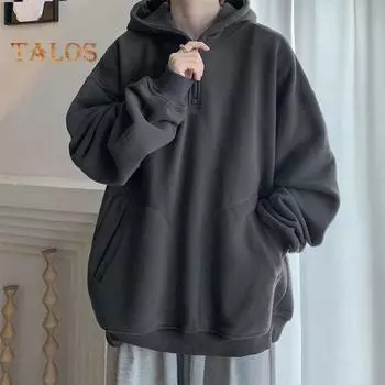 Осень-весна Мужская толстовка с капюшоном на молнии с капюшоном и карманами, длинные рукава, свободные эластичные манжеты, однотонный пуловер, толстый теплый повседневный топ M светло-серый