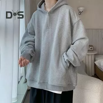 Осень-весна Мужская толстовка с капюшоном на молнии с капюшоном и карманами, длинные рукава, свободные эластичные манжеты, однотонный пуловер, толстый теплый повседневный топ M темно-серого