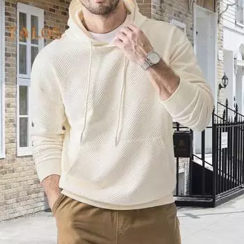 Осень-весна Мужская толстовка с капюшоном с большим карманом, завязками на шнурке, длинными рукавами, толстый пуловер средней длины, теплый свободный спортивный топ для мужчин M чёрный