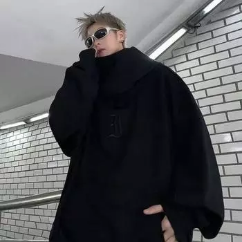 Осень-весна Мужская толстовка с капюшоном в стиле хип-хоп, уличная одежда, толстый плюш, теплый, свободный, однотонный, с капюшоном, вышитым воротником, повседневный пуловер M серый