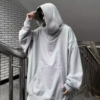Осень-весна Мужская толстовка с капюшоном в стиле хип-хоп, уличная одежда, толстый плюш, теплый, свободный, однотонный, с капюшоном, вышитым воротником, повседневный пуловер M серый