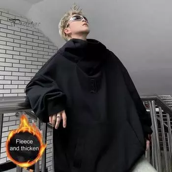 Осень-весна Мужская толстовка с капюшоном в стиле хип-хоп, уличная одежда, толстый плюш, теплый, свободный, однотонный, с капюшоном, вышитым воротником, повседневный пуловер M чёрный