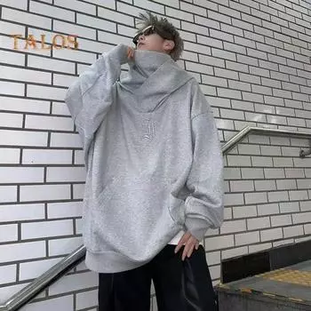 Осень-весна Мужская толстовка с капюшоном в стиле хип-хоп, уличная одежда, толстый плюш, теплый, свободный, однотонный, с капюшоном, вышитым воротником, повседневный пуловер M серый