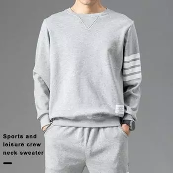 Осень-весна, мужская толстовка в полоску, чистый цвет, с длинным рукавом, круглым вырезом, свободный пуловер средней длины, повседневный пуловер, мягкая уличная одежда, мужской спортивный топ M темно-синий