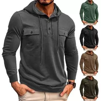 Осень-весна Мужская верхняя часть со шнурком, нагрудными карманами, застегивающимися на пуговицы капюшоном, длинными рукавами, однотонными эластичными манжетами, спортивная повседневная толстовка средней длины M серый