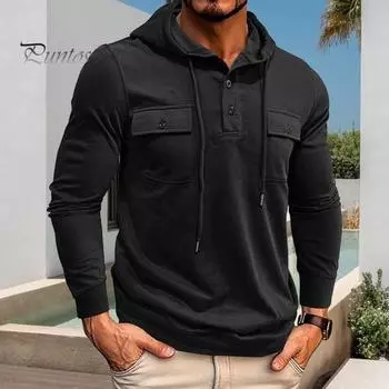 Осень-весна Мужская верхняя часть со шнурком, нагрудными карманами, застегивающимися на пуговицы капюшоном, длинными рукавами, однотонными эластичными манжетами, спортивная повседневная толстовка средней длины M зелёный