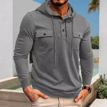 Осень-весна Мужская верхняя часть со шнурком, нагрудными карманами, застегивающимися на пуговицы капюшоном, длинными рукавами, однотонными эластичными манжетами, спортивная повседневная толстовка средней длины M кофейный
