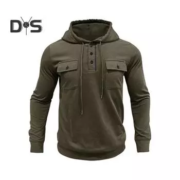 Осень-весна Мужская верхняя часть со шнурком, нагрудными карманами, застегивающимися на пуговицы капюшоном, длинными рукавами, однотонными эластичными манжетами, спортивная повседневная толстовка средней длины M серый