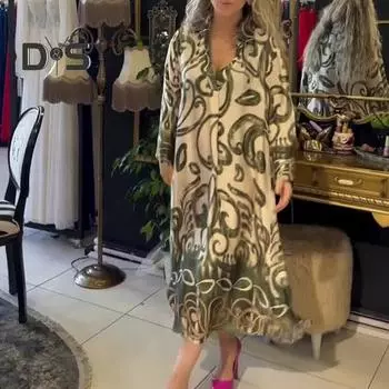 Осень-весна платье макси соответствующего цвета с принтом и отворотом с V-образным вырезом и длинными рукавами, свободное до середины икры, повседневная одежда, повседневное платье-миди M чёрный