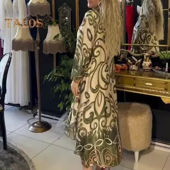 Осень-весна платье макси соответствующего цвета с принтом и отворотом с V-образным вырезом и длинными рукавами, свободное до середины икры, повседневная одежда, повседневное платье-миди M чёрный