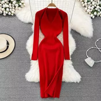 Осень-весна с v-образным вырезом, красные, черные вязаные платья-свитера, женские модные сексуальные открытые тонкие облегающие платья для клубных вечеринок, трикотаж One Size чёрный