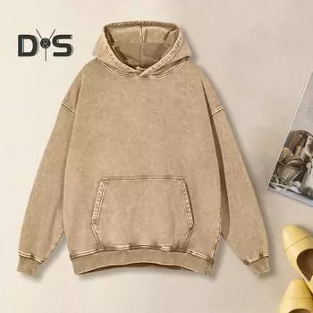 Осень-весна унисекс толстовка с капюшоном большой карман свободный потертый стираный эластичные манжеты и подол скошенные плечи однотонный свободный спортивный топ M чёрный