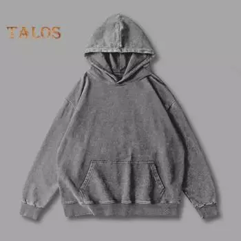 Осень-весна унисекс толстовка с капюшоном большой карман свободный потертый стираный эластичные манжеты и подол скошенные плечи однотонный свободный спортивный топ M чёрный