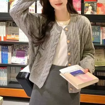 Осень-весна винтажный женский свитер с длинным рукавом и круглым вырезом, элегантный вязаный топ, серый вязаный кардиган L серый