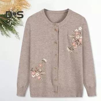 Осень-весна, вязаное пальто для мам с цветочной вышивкой, однобортное, с круглым вырезом, свободный кардиган с длинными рукавами, эластичный трикотажный свитер, куртка чёрный