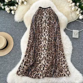 Осень-весна Женская блестящая леопардовая юбка-русалка с тонкими бретелями S серый