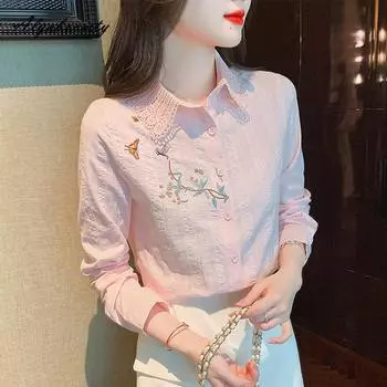 Осень-весна женская хлопковая милая блузка с отложным воротником белая розовая синяя элегантная женская базовая рубашка Blusa с цветочной вышивкой S синий