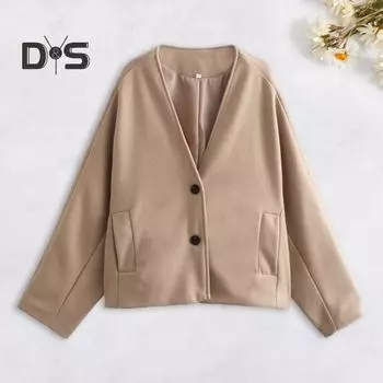 Осень-весна Женская куртка Свободный V-образный вырез Карманы Двойная застежка на пуговицы Теплое свободное шерстяное пальто средней длины Походная верхняя одежда L серый