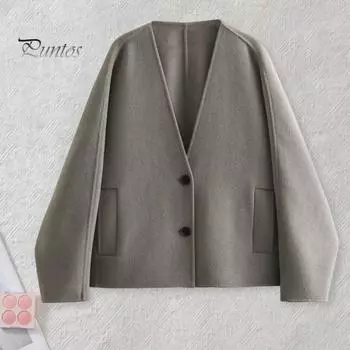 Осень-весна Женская куртка Свободный V-образный вырез Карманы Двойная застежка на пуговицы Теплое свободное шерстяное пальто средней длины Походная верхняя одежда L серый