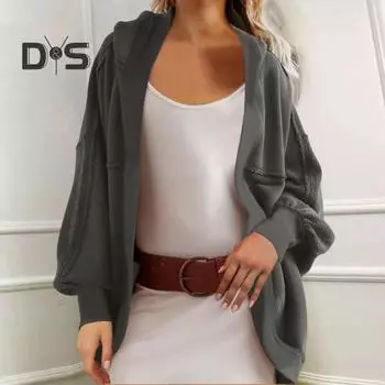 Осень-весна Женская куртка в стиле пэчворк с капюшоном, свободный однотонный длинный рукав, ажурный кардиган, свитер, спортивная повседневная верхняя одежда для поездок на работу L чёрный