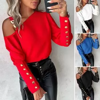 Осень-весна женская рубашка на одно плечо с цепочкой, декор с длинным рукавом, сплошной цвет, декор на пуговицах, пуловер с наклонным вырезом, мягкая ПР, коммутирующий стиль, женская блузка L чёрный