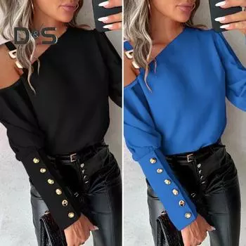 Осень-весна женская рубашка на одно плечо с цепочкой, декор с длинным рукавом, сплошной цвет, декор на пуговицах, пуловер с наклонным вырезом, мягкая ПР, коммутирующий стиль, женская блузка L чёрный