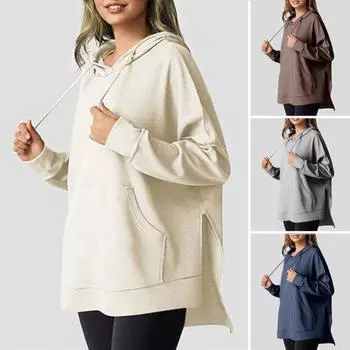 Осень-весна Женская толстовка с капюшоном, большим карманом, завязками на шнурке, свободным разрезом, однотонная вафельная текстура, свободный трикотажный спортивный топ M абрикосовый