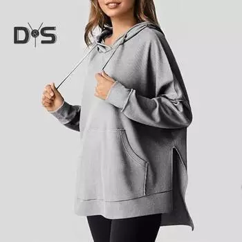 Осень-весна Женская толстовка с капюшоном, большим карманом, завязками на шнурке, свободным разрезом, однотонная вафельная текстура, свободный трикотажный спортивный топ XL серый