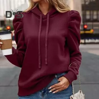 Осень-весна женская толстовка свободная однотонная накладным карманом с длинными рукавами и складками на рукавах толстый теплый пуловер повседневная повседневная одежда топ M армия зеленый