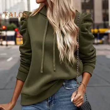 Осень-весна женская толстовка свободная однотонная накладным карманом с длинными рукавами и складками на рукавах толстый теплый пуловер повседневная повседневная одежда топ L хаки