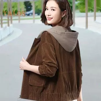 Осень-весна Женская вельветовая куртка с накладными карманами и капюшоном, свободная, цветная, эластичные манжеты и подол, уличное пальто для офиса и отдыха L зелёный