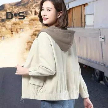 Осень-весна Женская вельветовая куртка с накладными карманами и капюшоном, свободная, цветная, эластичные манжеты и подол, уличное пальто для офиса и отдыха M зелёный