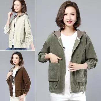Осень-весна Женская вельветовая куртка с накладными карманами и капюшоном, свободная, цветная, эластичные манжеты и подол, уличное пальто для офиса и отдыха M бежевый