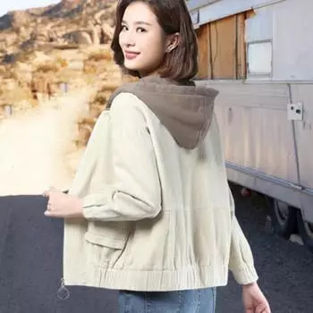 Осень-весна Женская вельветовая куртка с накладными карманами и капюшоном, свободная, цветная, эластичные манжеты и подол, уличное пальто для офиса и отдыха M бежевый