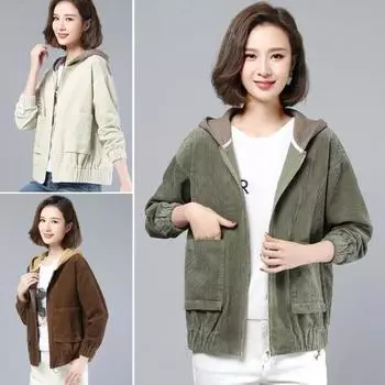 Осень-весна Женская вельветовая куртка с накладными карманами и капюшоном, свободная, цветная, эластичные манжеты и подол, уличное пальто для офиса и отдыха M кофейный