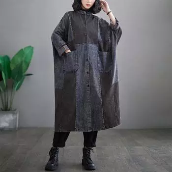 Осень-весна женская куртка, пальто, сшитые пуговицы, повседневная винтажная длинная куртка, свободная куртка больших размеров для похудения XXL синий