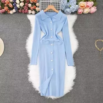 Осень-весна Женские элегантные повседневные однобортные платья-карандаш с воротником-поло One Size жёлтый