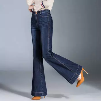 Осень-весна Женские расклешенные брюки с высокой талией Широкие джинсы Женские джинсовые брюки Джинсовые брюки 34 темно-синий