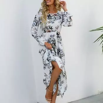 Осенне-весенние женские платья с круглым вырезом, белое вечернее платье, женское винтажное цветочное принтованное длинное платье-макси с длинным рукавом А-силуэта S белый