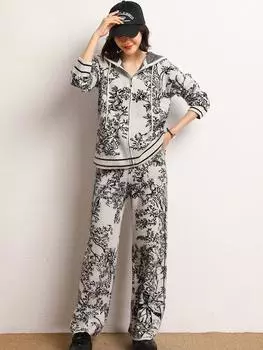 Осень-весна Женские винтажные принты Трикотажные комплекты из двух частей Женские повседневные трикотажные изделия С капюшоном на молнии Толстовки Пальто Высокая талия Широкие брюки Костюмы XL чёрный