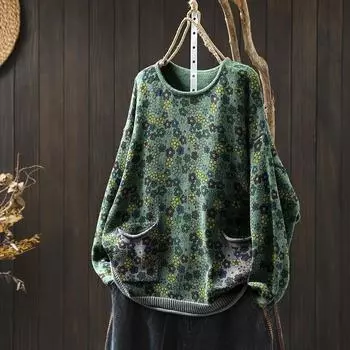 Осень-весна Женский китайский стиль Винтажный принт О-образный вырез Свободный свитер Повседневный Длинные рукава Повседневный свитер One Size хаки