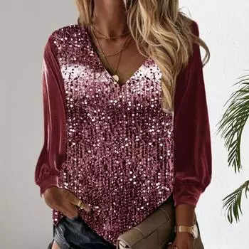 Осень-весна женский топ с блестящими пайетками и v-образным вырезом с длинными рукавами в стиле пэчворк, свободный пуловер, мягкий дышащий средней длины, женская рубашка, блузка 3XL серебряный