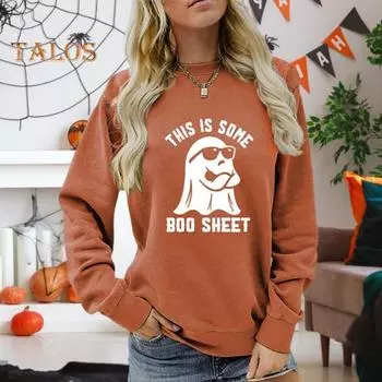 Осень-весна женский топ с цифровым мультяшным принтом, круглый вырез, длинные рукава, пуловер, свободная толстовка на Хэллоуин, спортивная повседневная одежда S чёрный