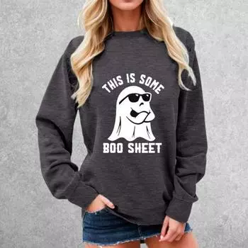 Осень-весна женский топ с цифровым мультяшным принтом, круглый вырез, длинные рукава, пуловер, свободная толстовка на Хэллоуин, спортивная повседневная одежда S оранжевый