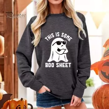 Осень-весна женский топ с цифровым мультяшным принтом, круглый вырез, длинные рукава, пуловер, свободная толстовка на Хэллоуин, спортивная повседневная одежда S оранжевый