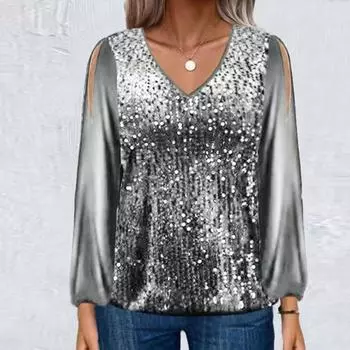 Осень-весна женский топ с длинным рукавом-фонариком и блестками свободный лоскутный пуловер с v-образным вырезом мягкая дышащая женская однотонная блузка L зелёный