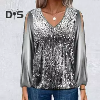 Осень-весна женский топ с длинным рукавом-фонариком и блестками свободный лоскутный пуловер с v-образным вырезом мягкая дышащая женская однотонная блузка XL серый
