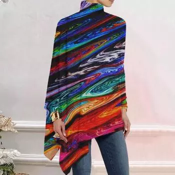 Осень-весна женский топ с красочным художественным принтом, высокий воротник, свободный неровный подол, длинный рукав, пуловер средней длины, мягкая цветная повседневная женская блузка M
