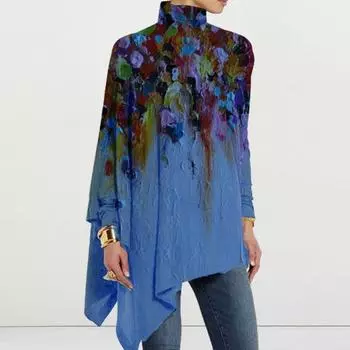 Осень-весна женский топ с красочным художественным принтом, высокий воротник, свободный неровный подол, длинный рукав, пуловер средней длины, мягкая цветная повседневная женская блузка M