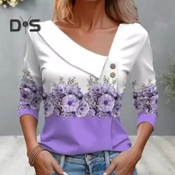 Осень-весна женский топ с наклонным v-образным вырезом и цветочным принтом, соответствующий цвету декор на пуговицах, свободный пуловер средней длины с длинными рукавами, женская блузка L фиолетовый